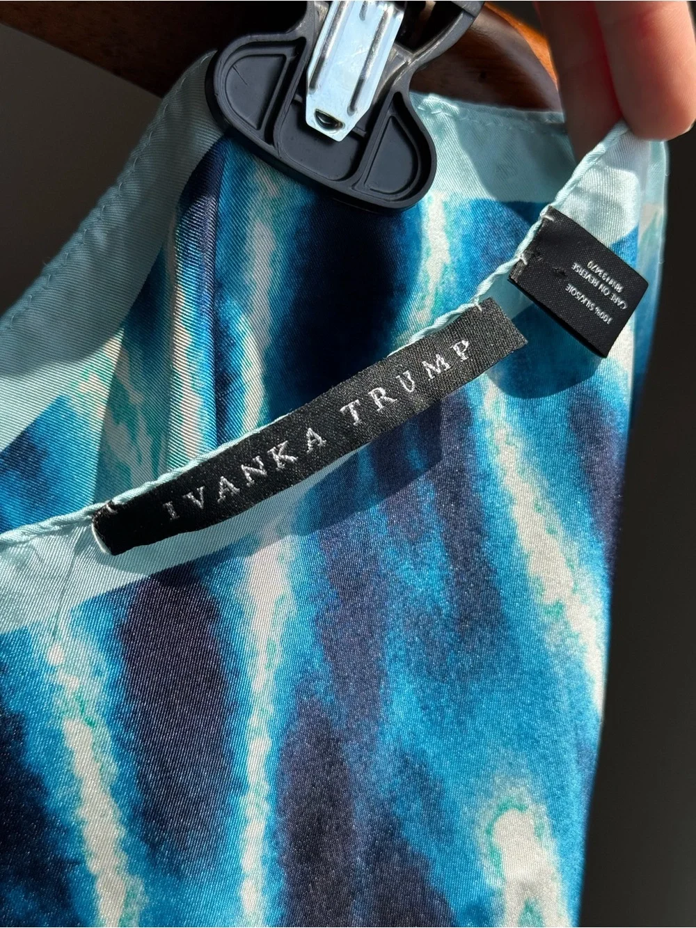 Ivanka Trump Blue Abstract Silk Scarf 35 in Square Watercolor Ocean Print Wrap